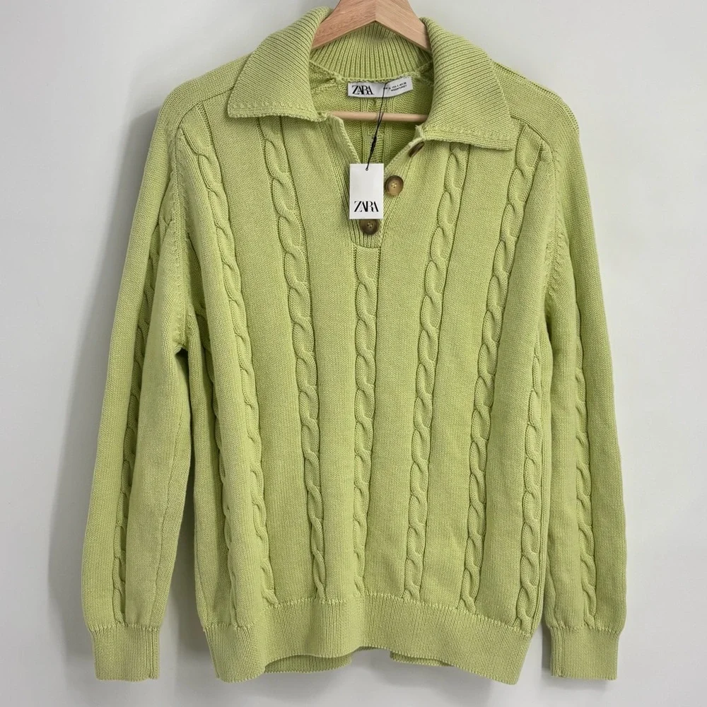 NWT Zara light lime green classic Cable knit collared sweater small pullover - Picture 3 of 9